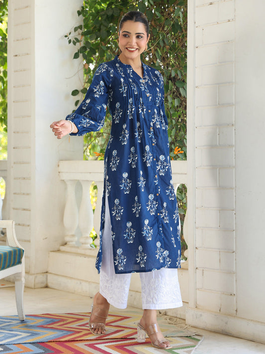 Janasya Dark Cotton Floral Pleated Kurta 