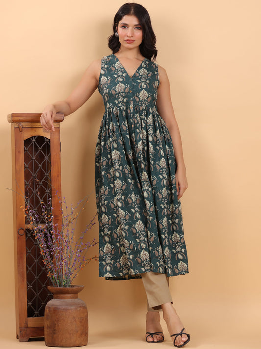 Janasya Dark Green Cambric Ethnic Motifs Kurta
