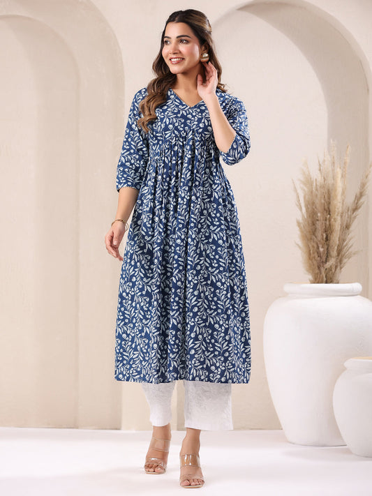 Janasya Dark Cotton Floral A-Line Kurta | Grab2Buy