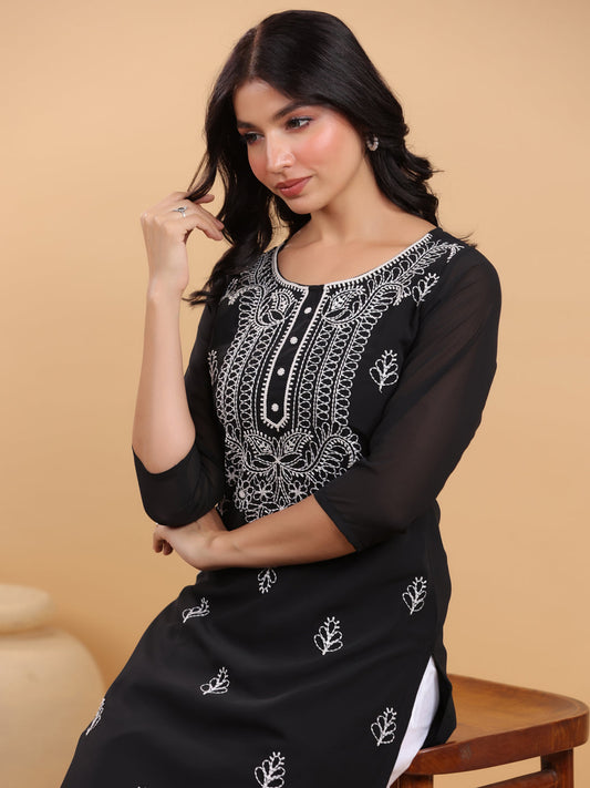 Janasya Black Weightless Georgette Embroidered Kurta | Grab2Buy