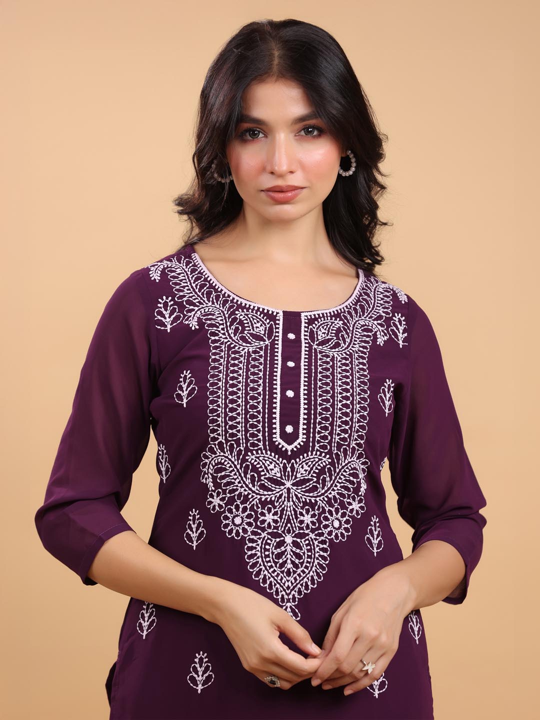 Janasya Purple Weightless Georgette Embroidered Kurta | Grab2Buy