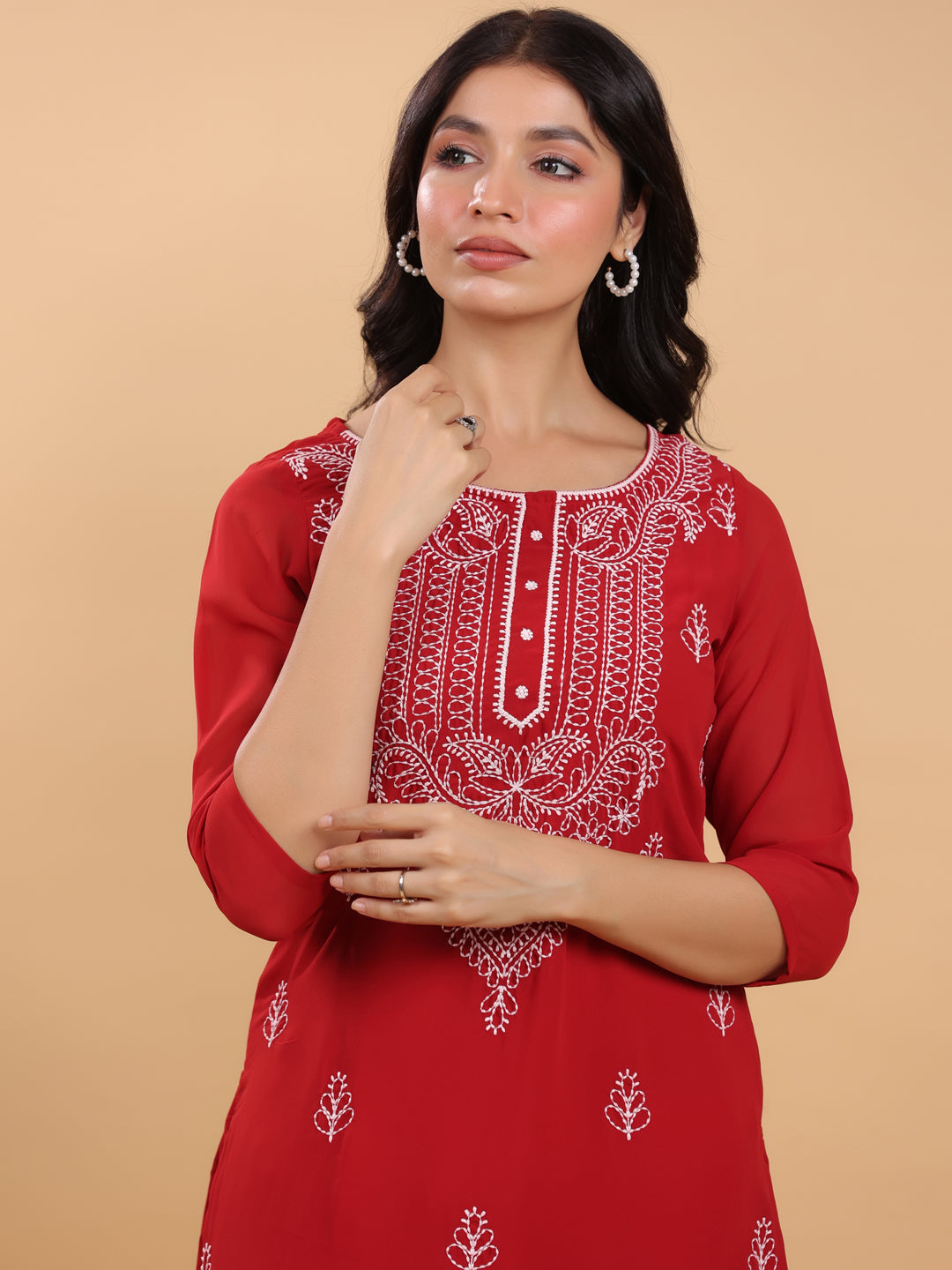 Janasya Maroon Weightless Georgette Embroidered Kurta | Grab2Buy