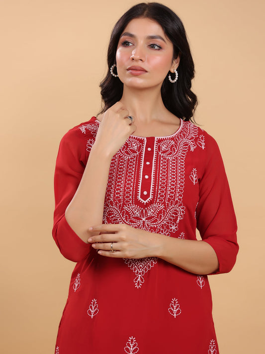 Janasya Maroon Weightless Georgette Embroidered Kurta | Grab2Buy