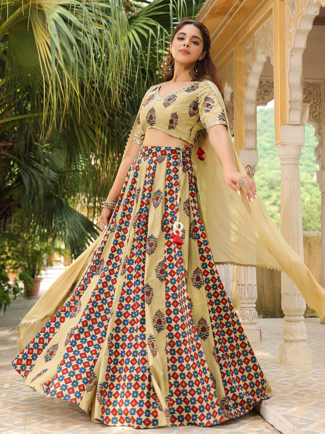 Janasya Beige Cambric Ethnic Motifs Lehenga Choli Dupatta 