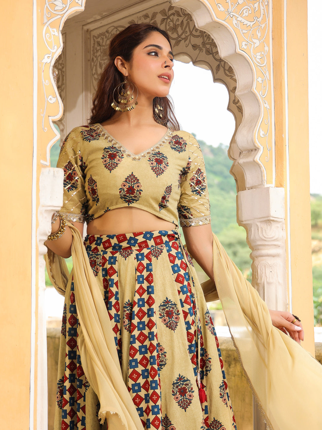 Janasya Beige Cambric Ethnic Motifs Lehenga Choli Dupatta 
