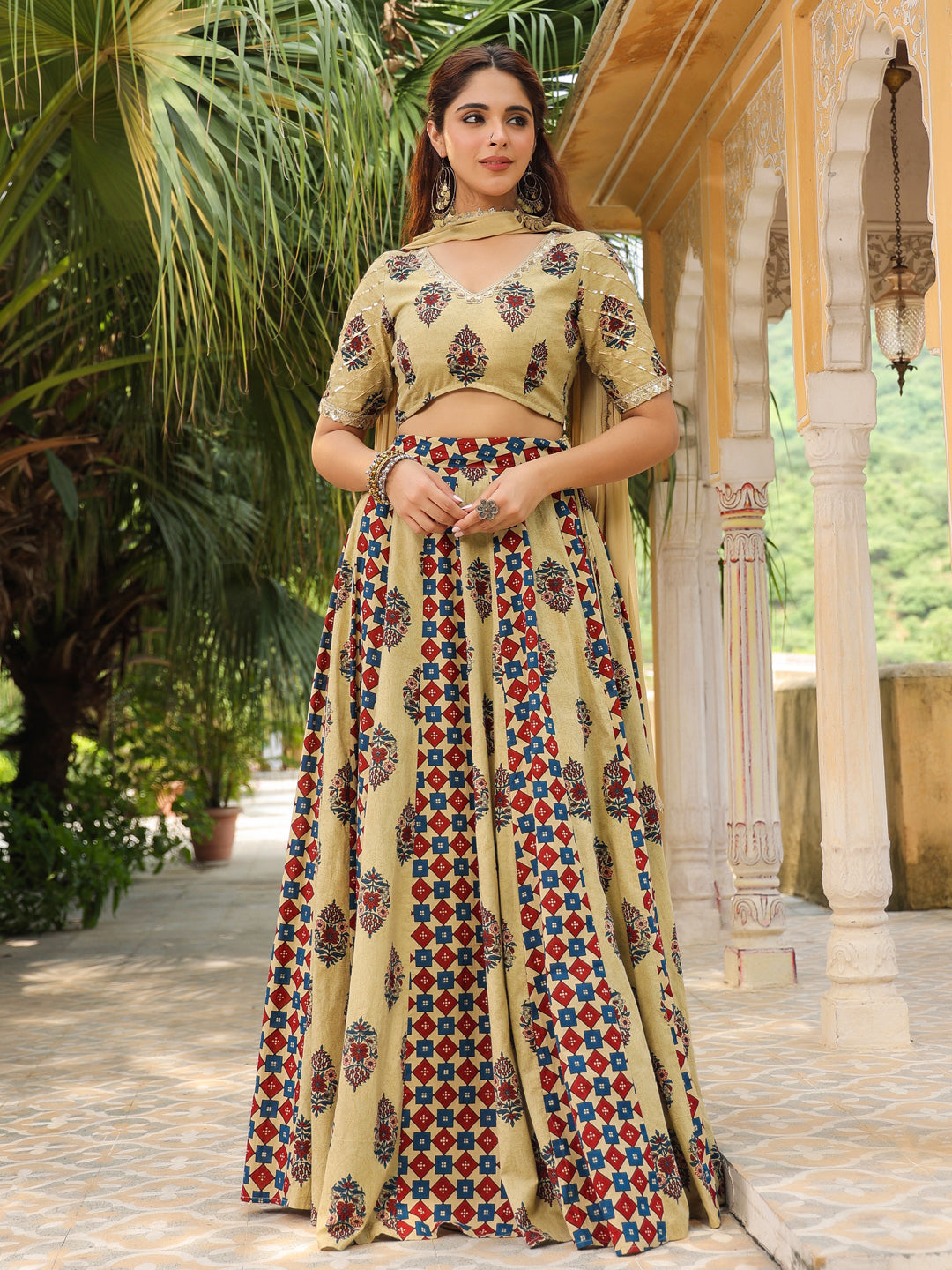 Janasya Beige Cambric Ethnic Motifs Lehenga Choli Dupatta 