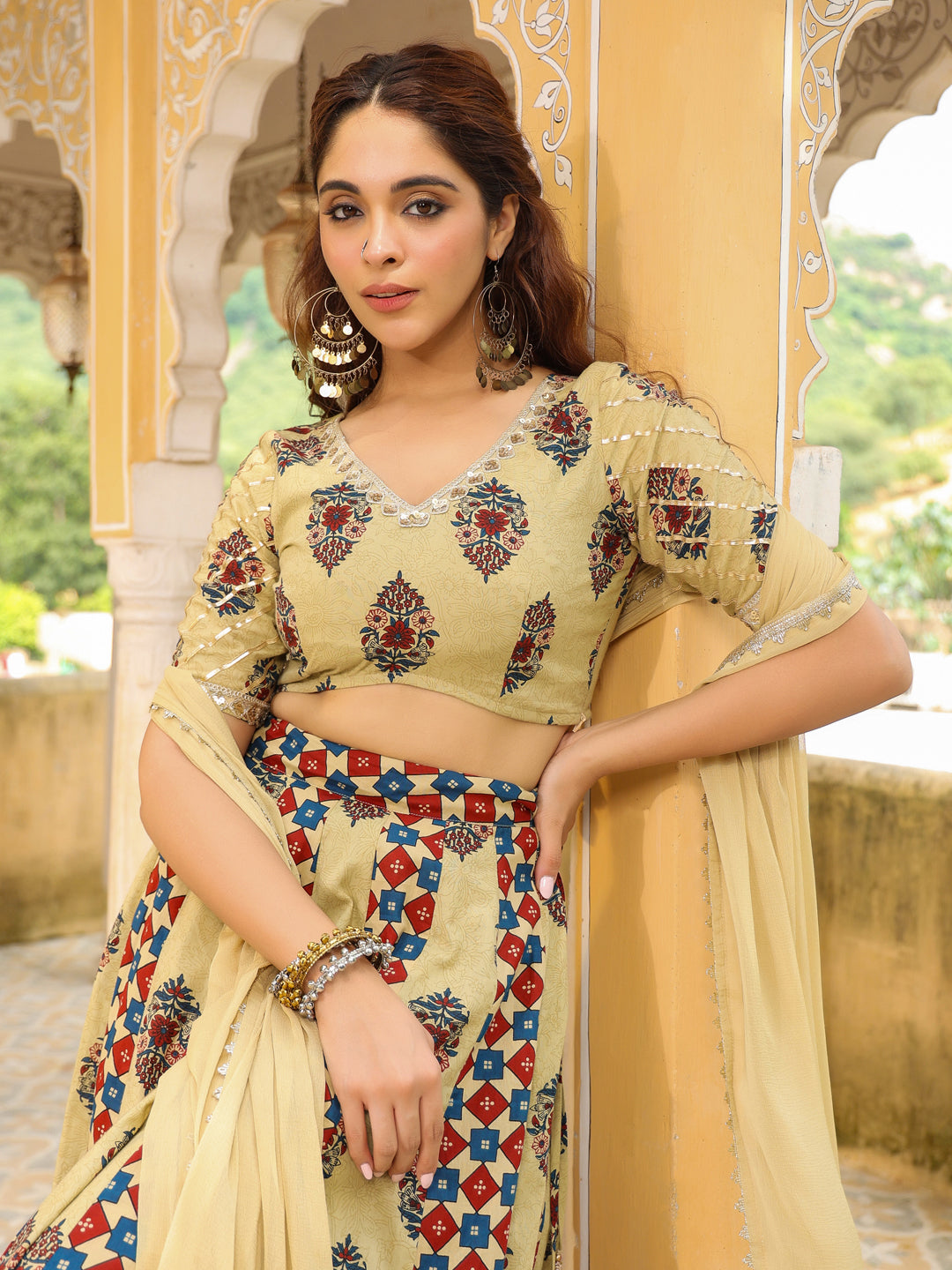 Janasya Beige Cambric Ethnic Motifs Lehenga Choli Dupatta 
