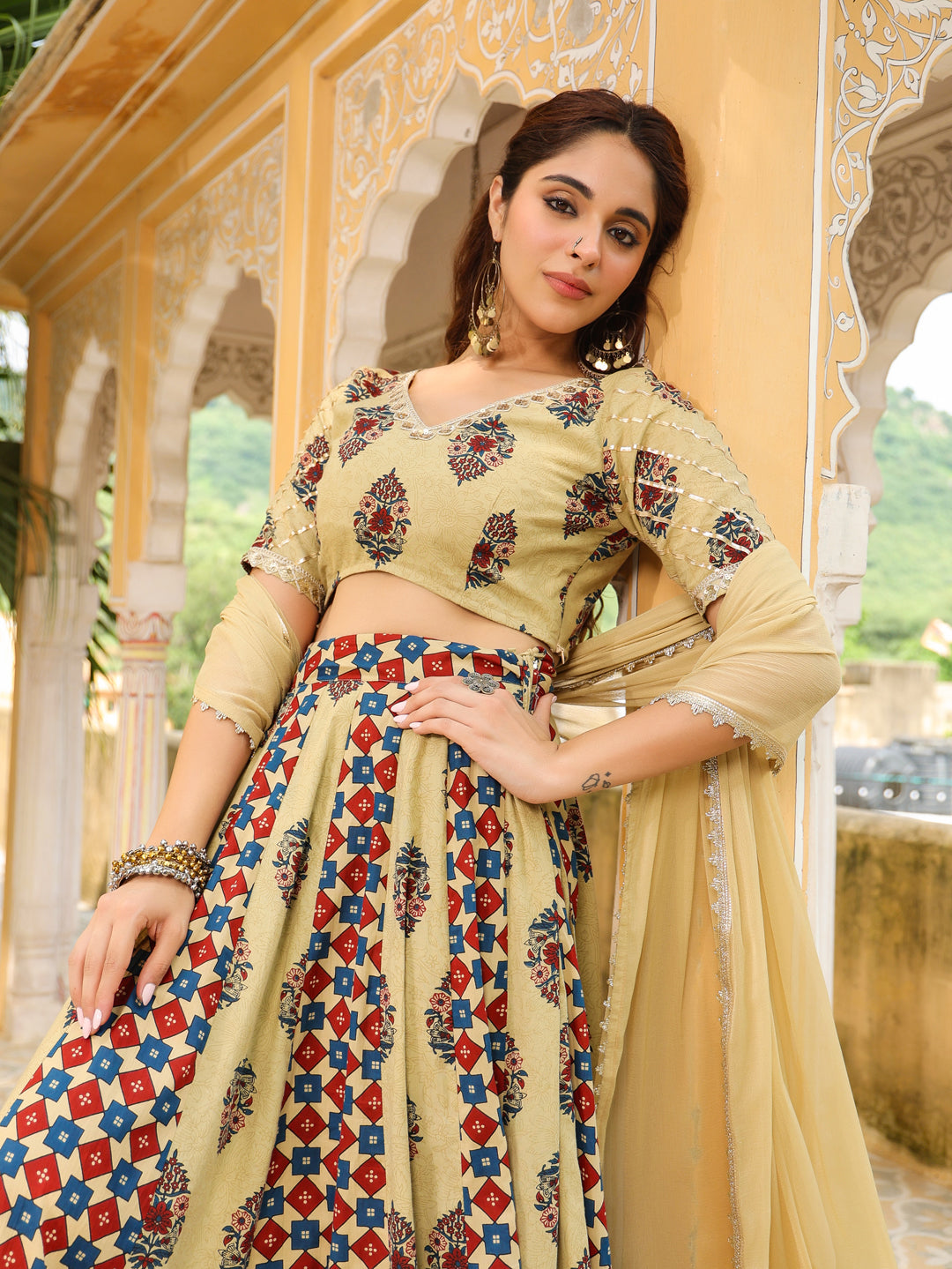 Janasya Beige Cambric Ethnic Motifs Lehenga Choli Dupatta 