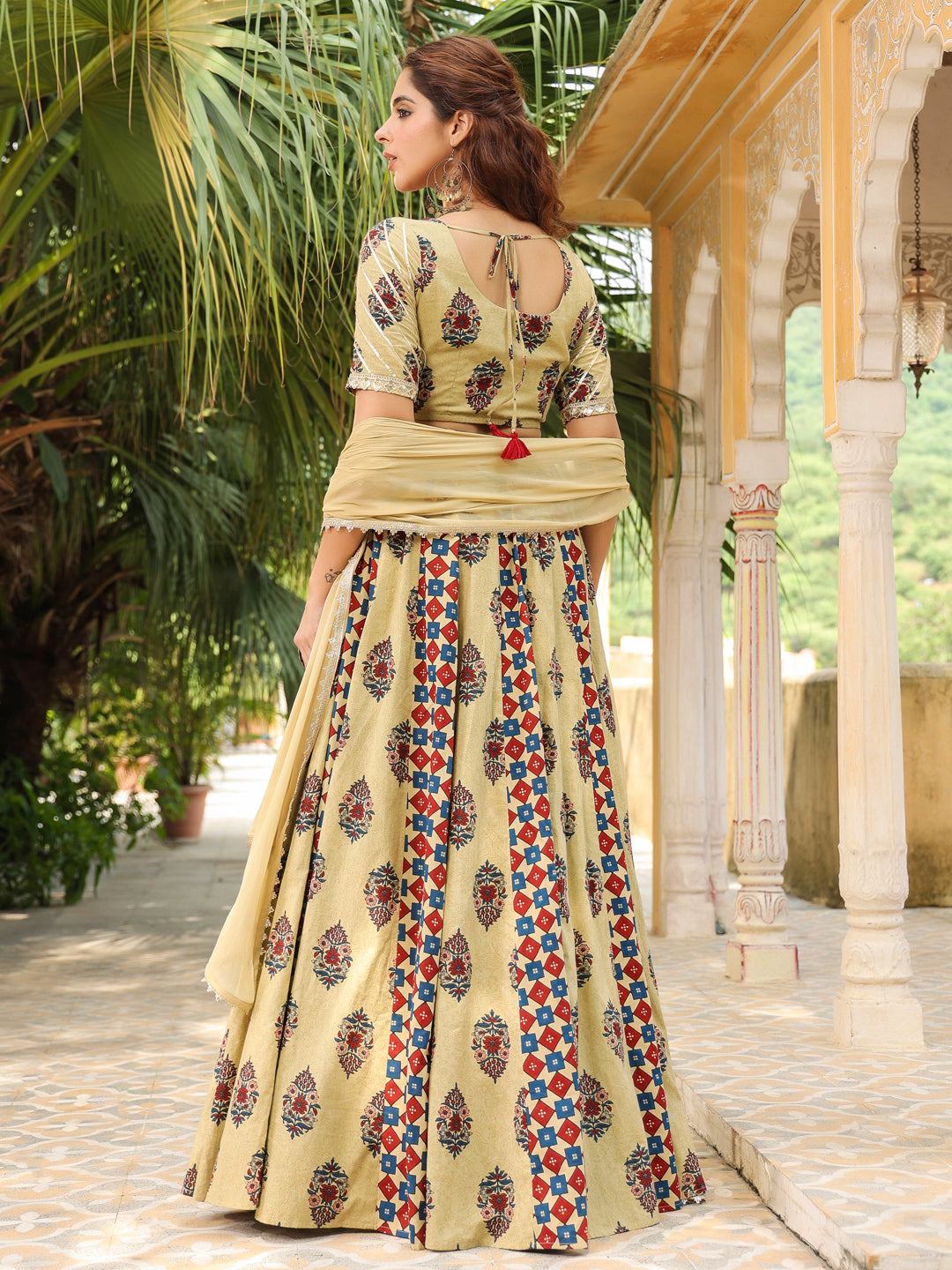 Janasya Beige Cambric Ethnic Motifs Lehenga Choli Dupatta 
