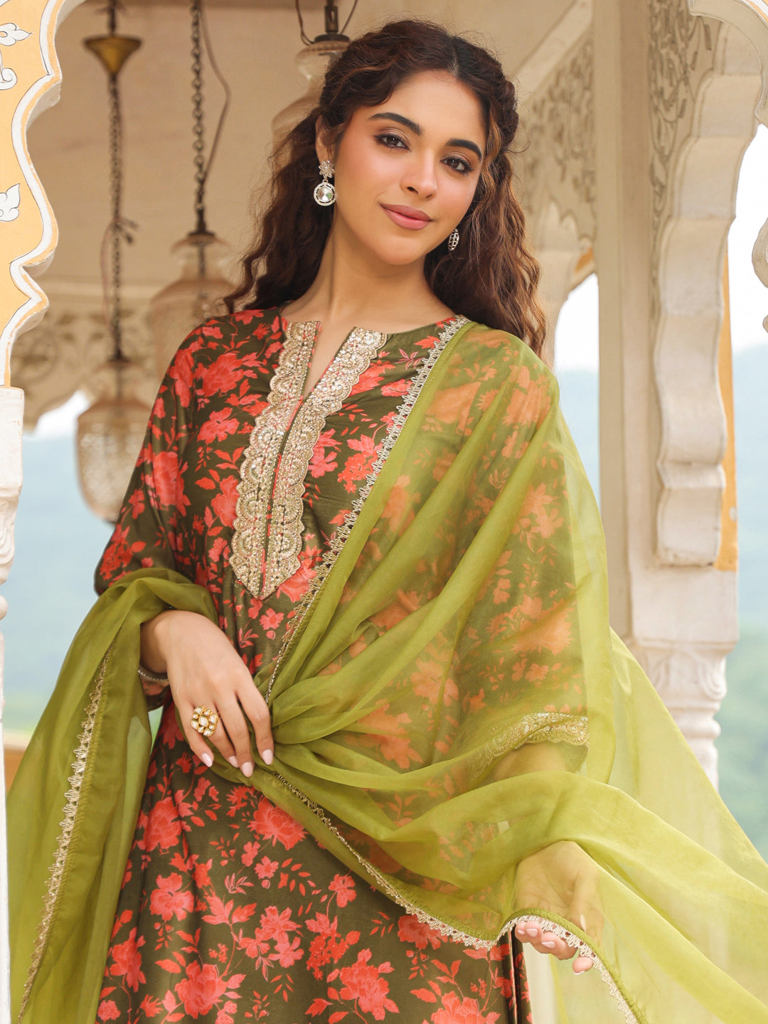 Janasya Olive Velvet Floral Set 