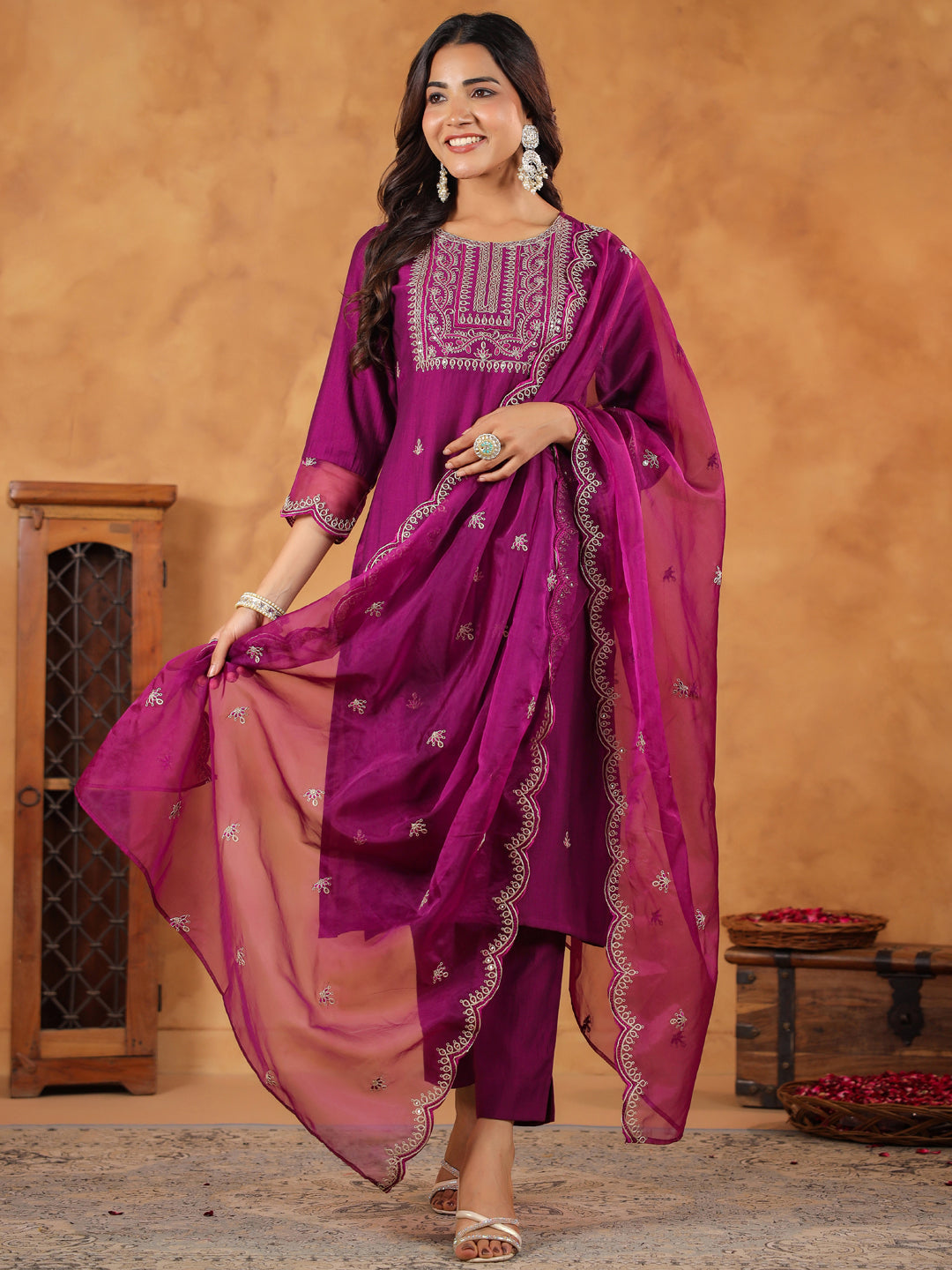Janasya Purple Premium Chinnon Embroidered Kurta,Bottom & Dupatta 
