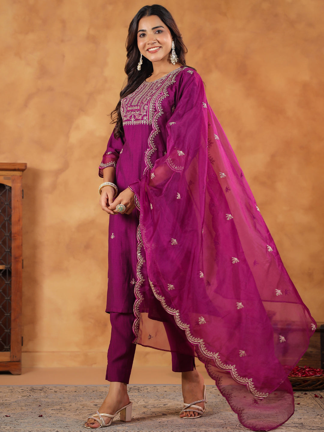 Janasya Purple Premium Chinnon Embroidered Kurta,Bottom & Dupatta 