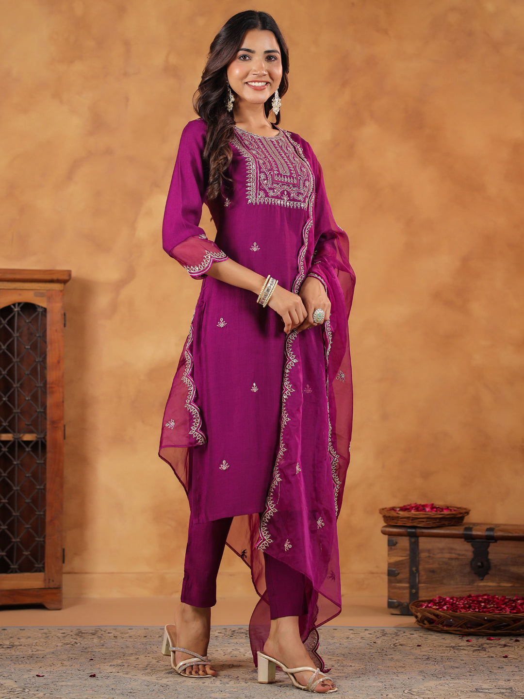 Janasya Purple Premium Chinnon Embroidered Kurta,Bottom & Dupatta 