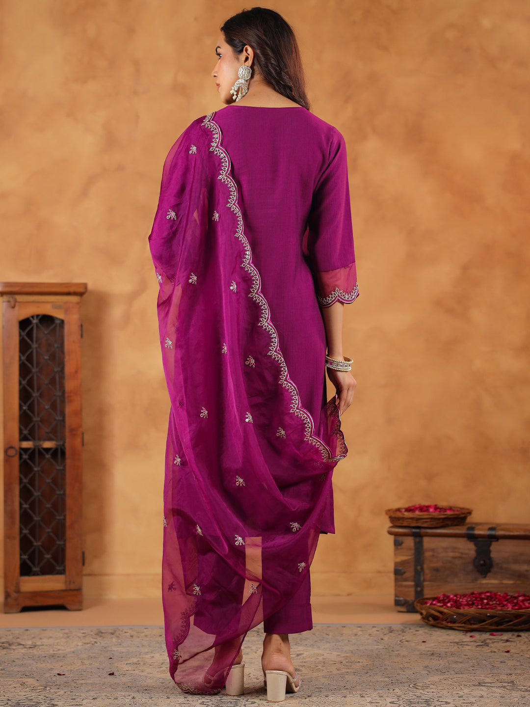 Janasya Purple Premium Chinnon Embroidered Kurta,Bottom & Dupatta 