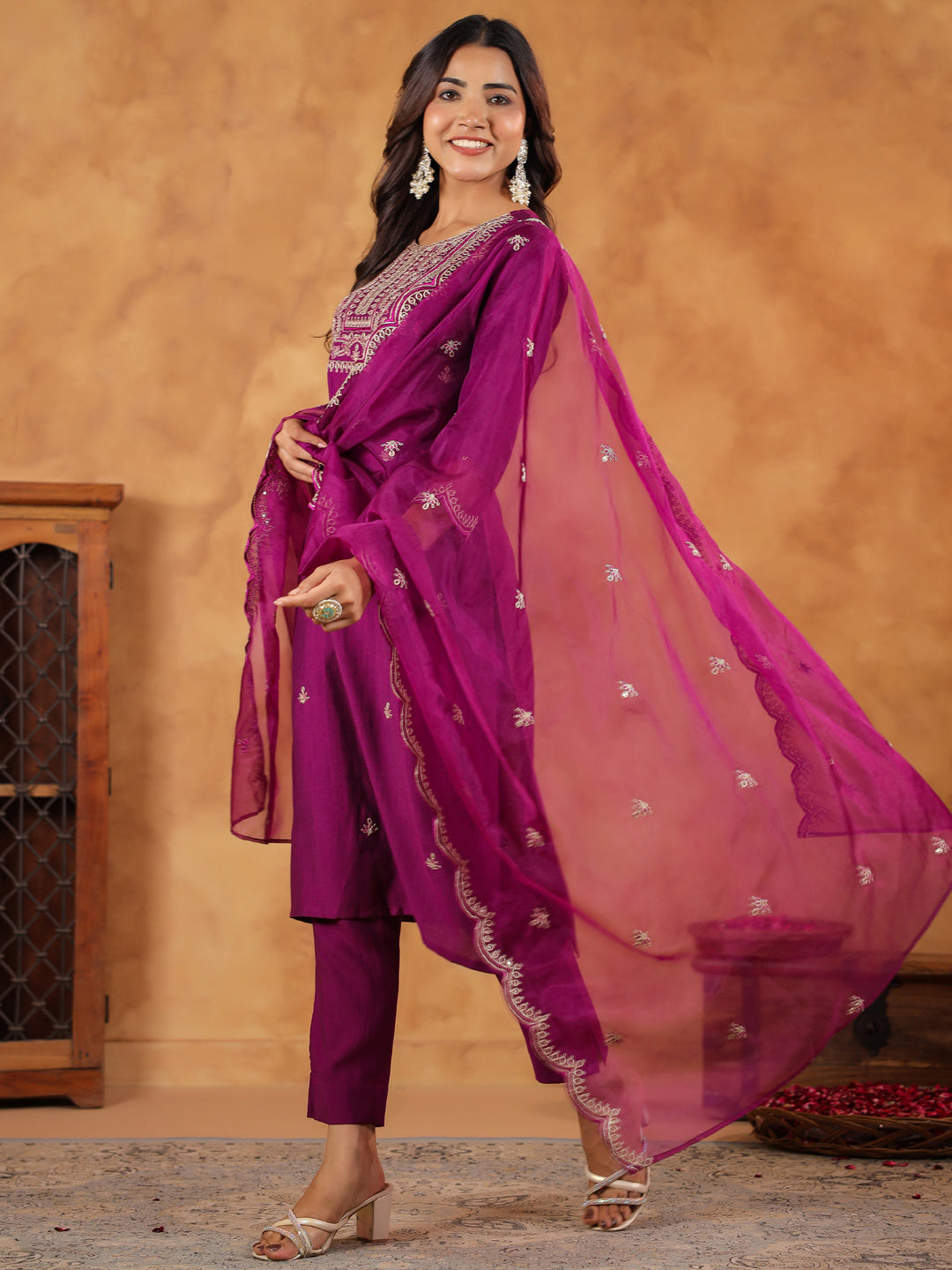 Janasya Purple Premium Chinnon Embroidered Kurta,Bottom & Dupatta 