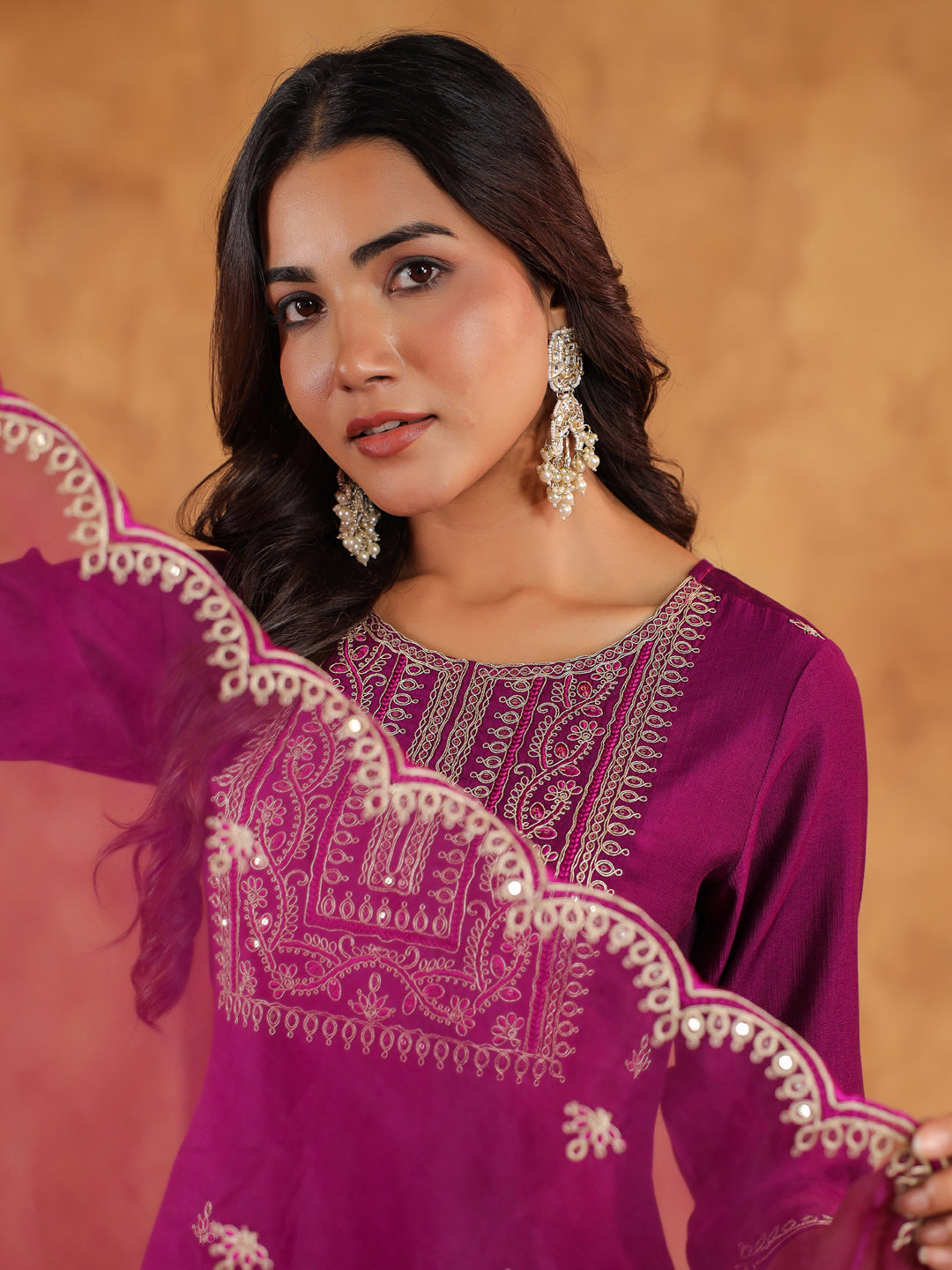 Janasya Purple Premium Chinnon Embroidered Kurta,Bottom & Dupatta 