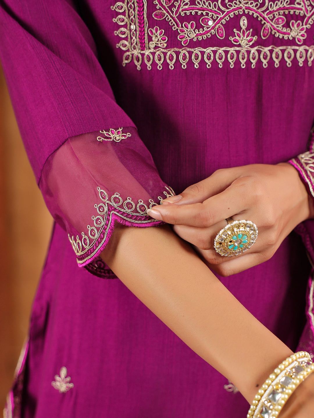 Janasya Purple Premium Chinnon Embroidered Kurta,Bottom & Dupatta 