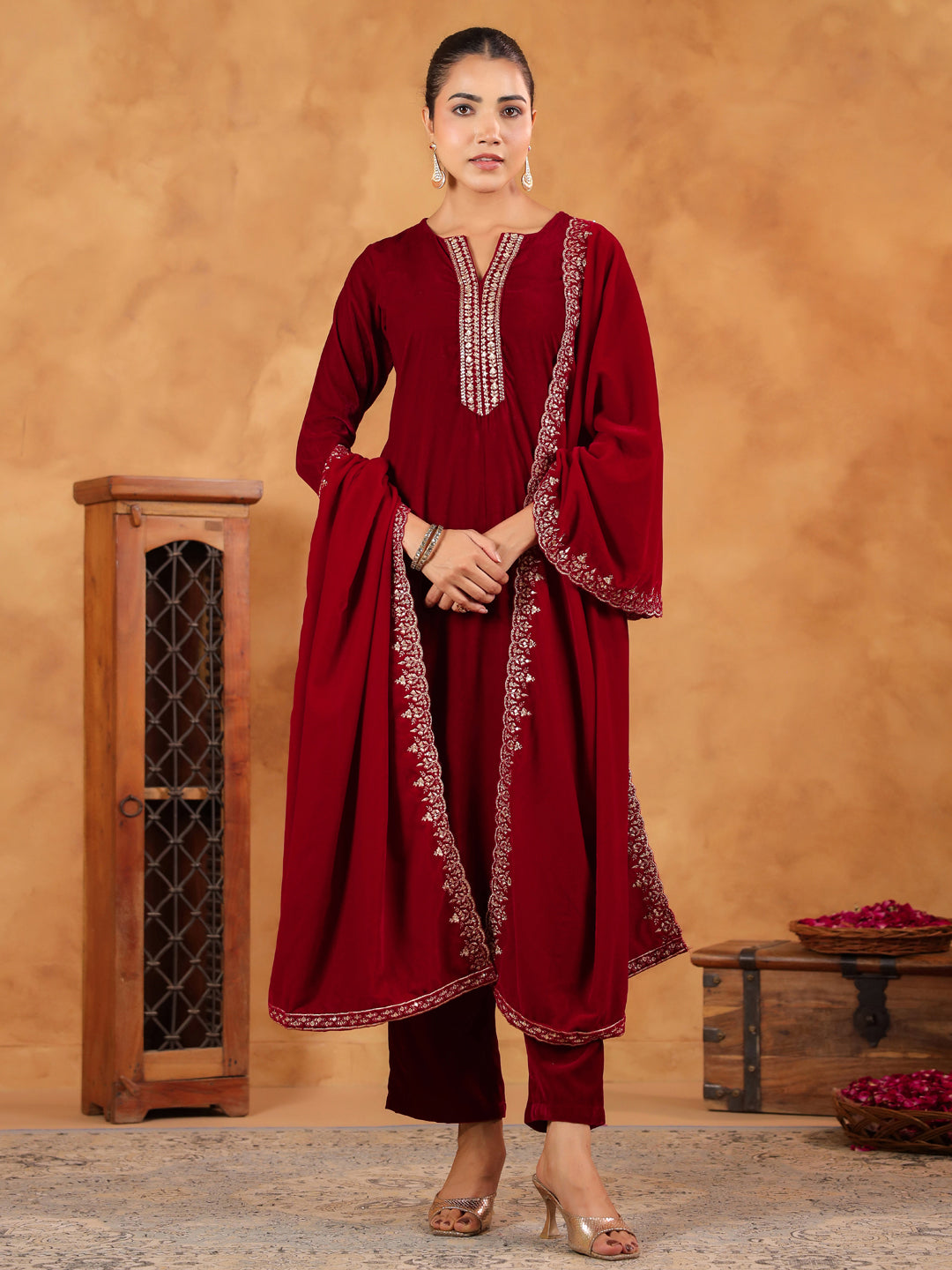 Janasya Maroon Velvet Embroidered Kurta,Bottom & Dupatta 