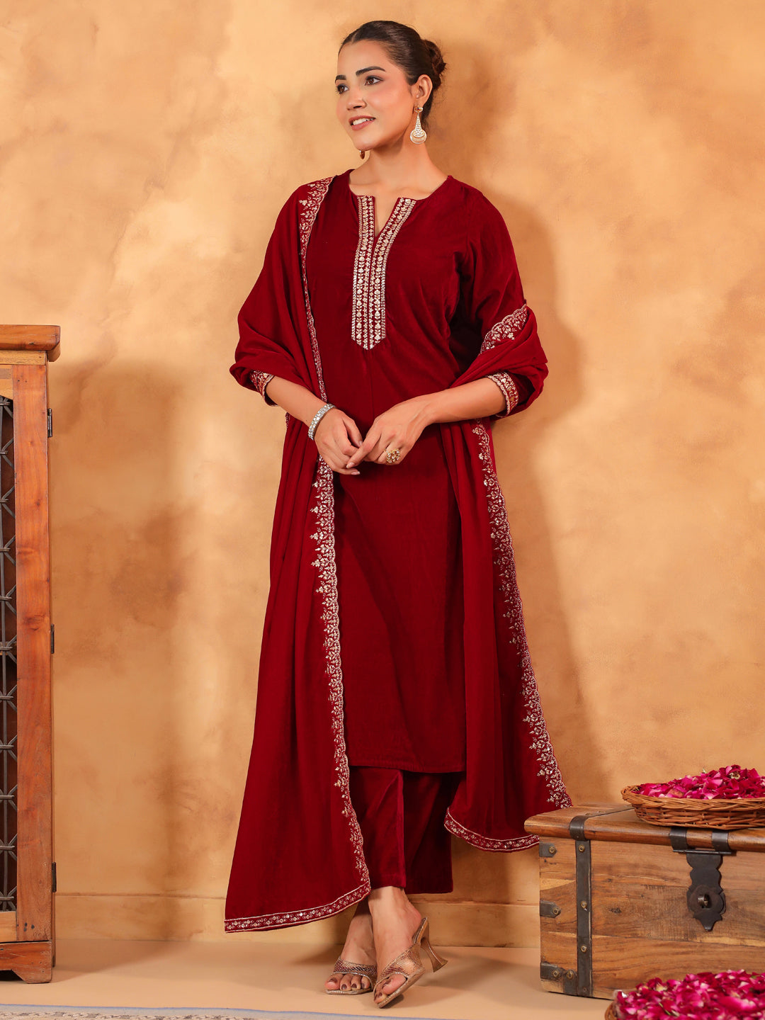 Janasya Maroon Velvet Embroidered Kurta,Bottom & Dupatta 