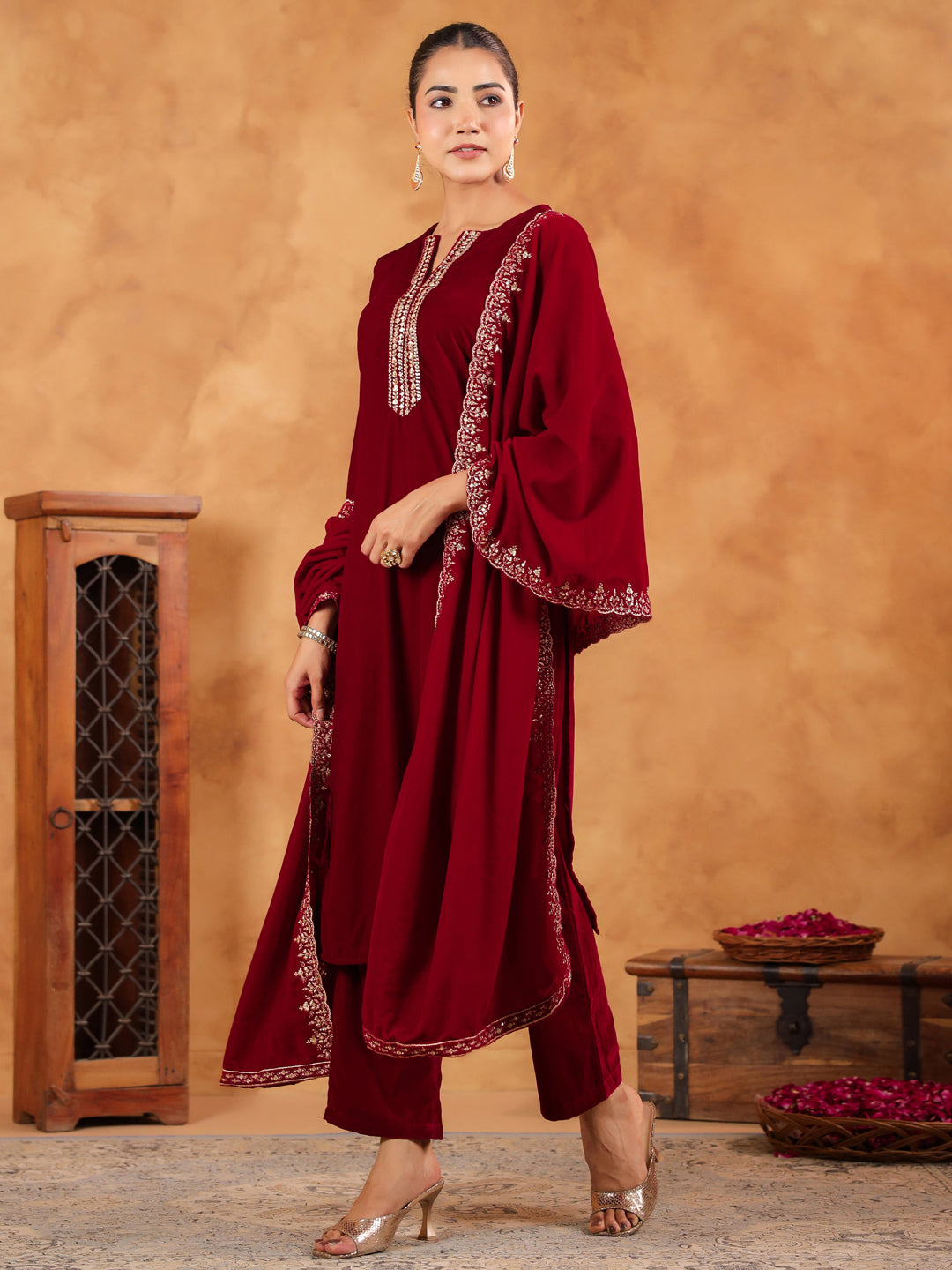 Janasya Maroon Velvet Embroidered Kurta,Bottom & Dupatta 