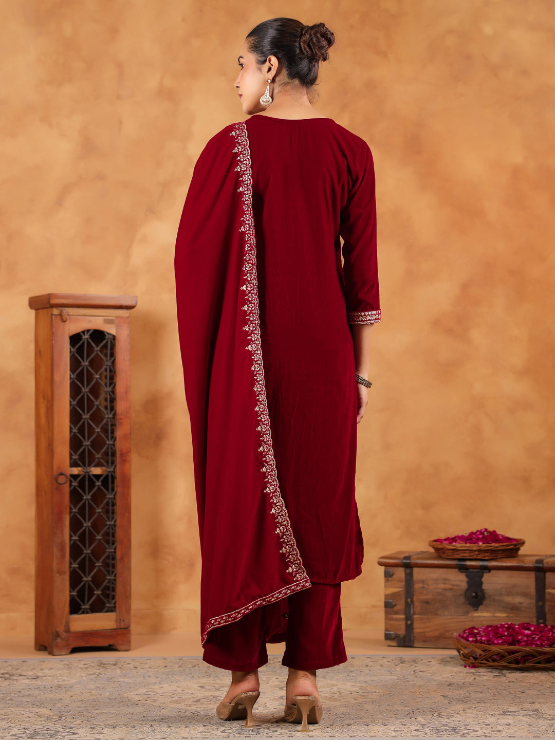 Janasya Maroon Velvet Embroidered Kurta,Bottom & Dupatta 