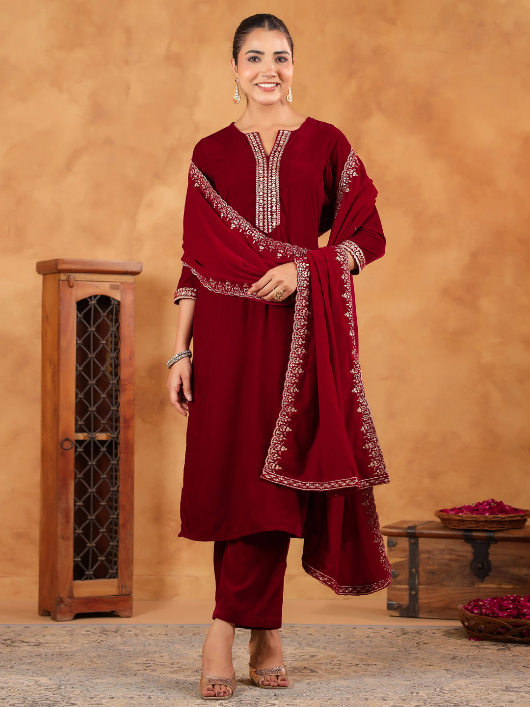 Janasya Maroon Velvet Embroidered Kurta,Bottom & Dupatta 