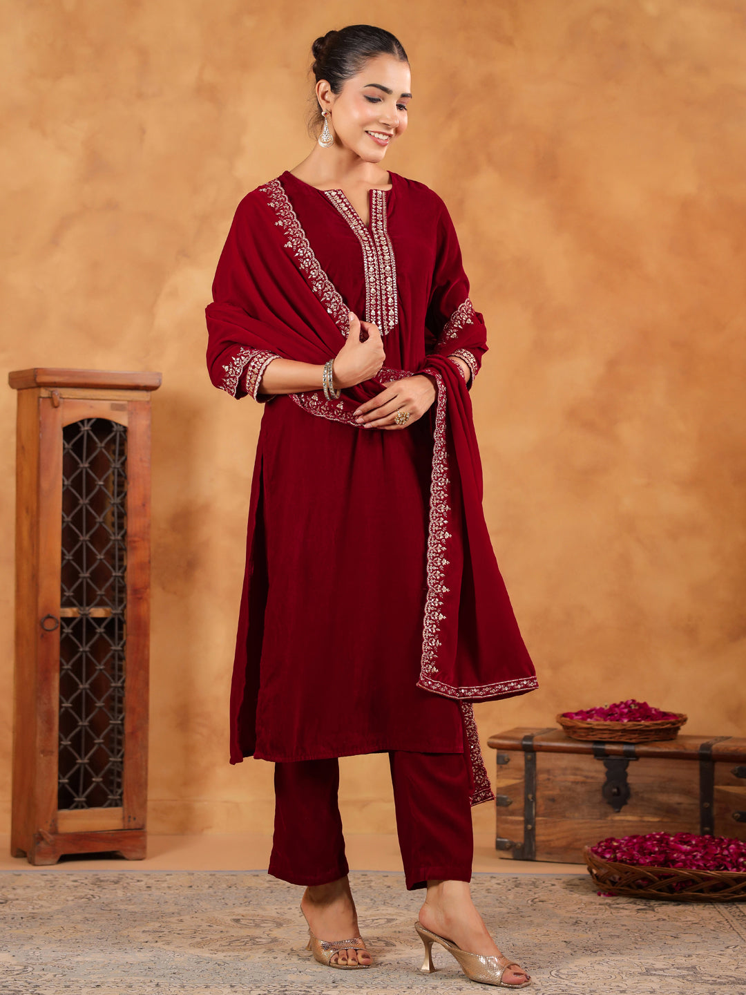 Janasya Maroon Velvet Embroidered Kurta,Bottom & Dupatta 