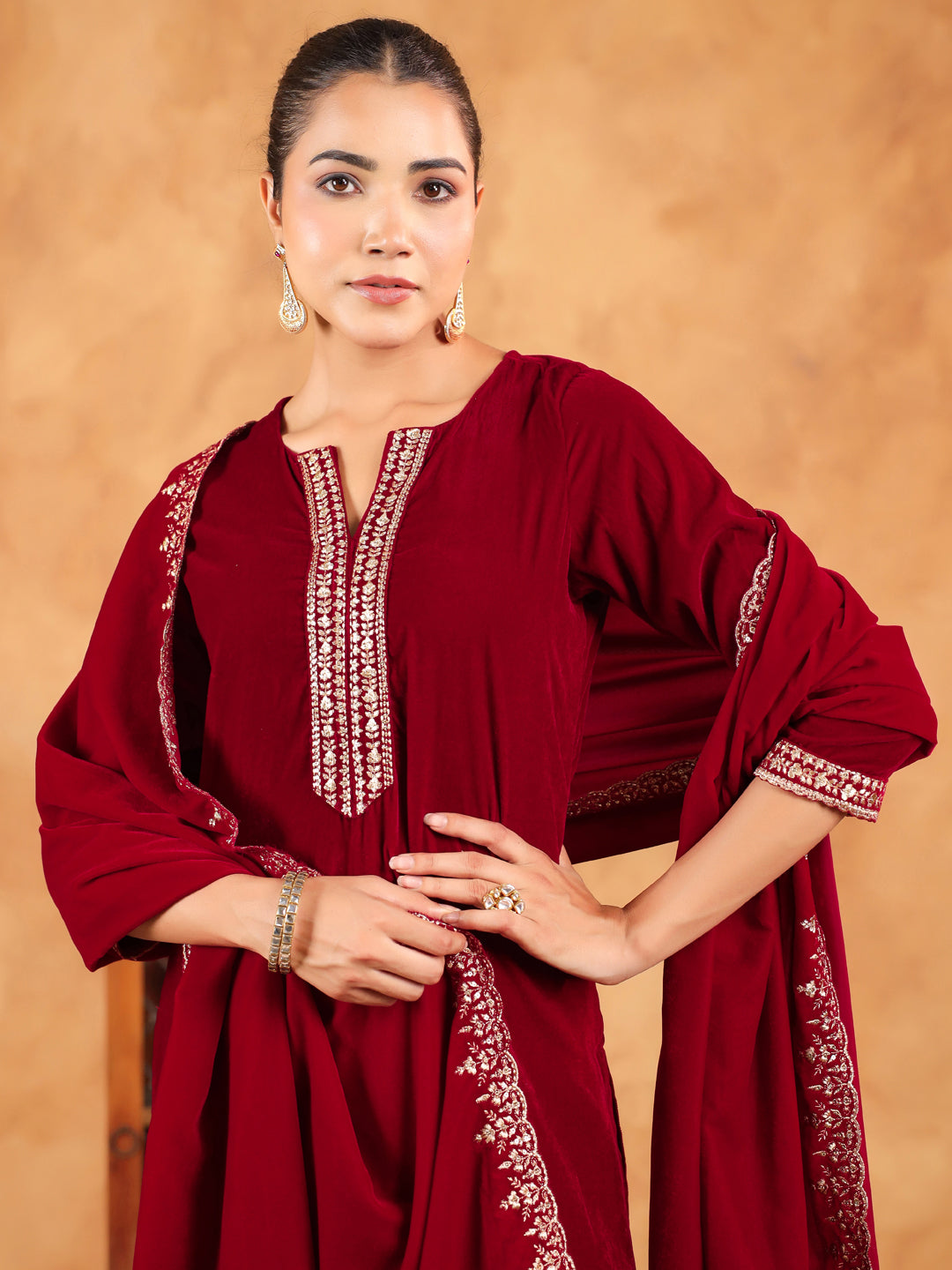 Janasya Maroon Velvet Embroidered Kurta,Bottom & Dupatta 