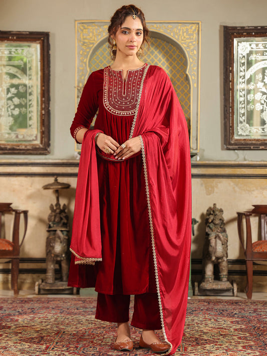Janasya Maroon Velvet Embroidered Kurta,Bottom & Dupatta 