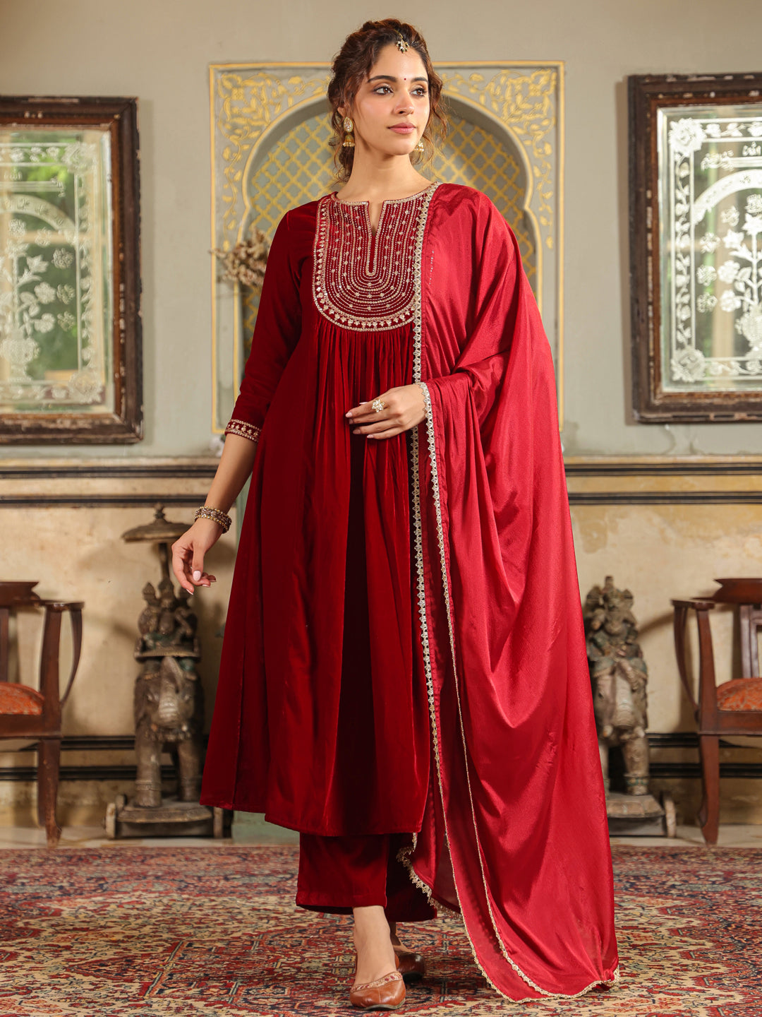 Janasya Maroon Velvet Embroidered Kurta,Bottom & Dupatta 