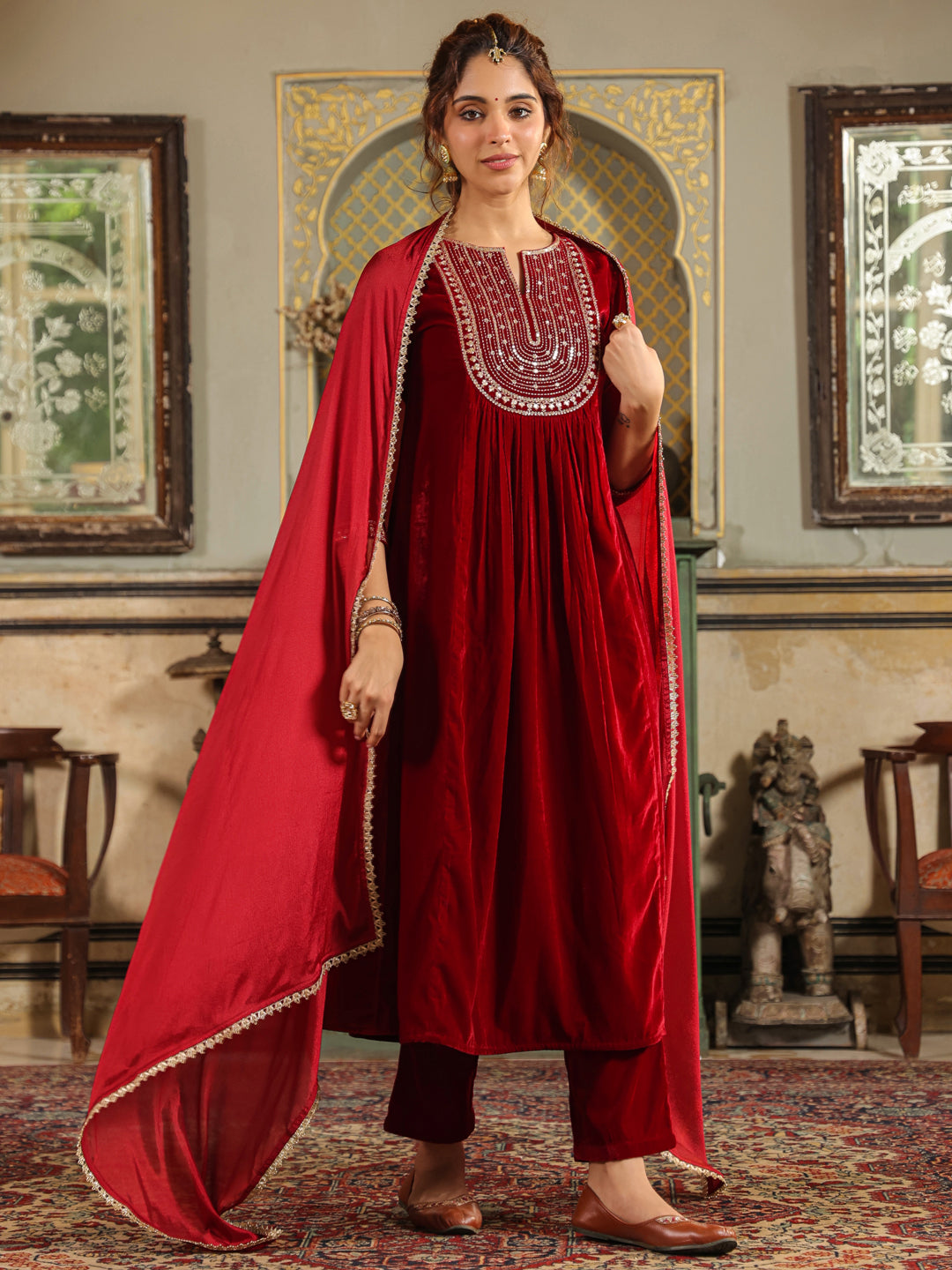 Janasya Maroon Velvet Embroidered Kurta,Bottom & Dupatta 