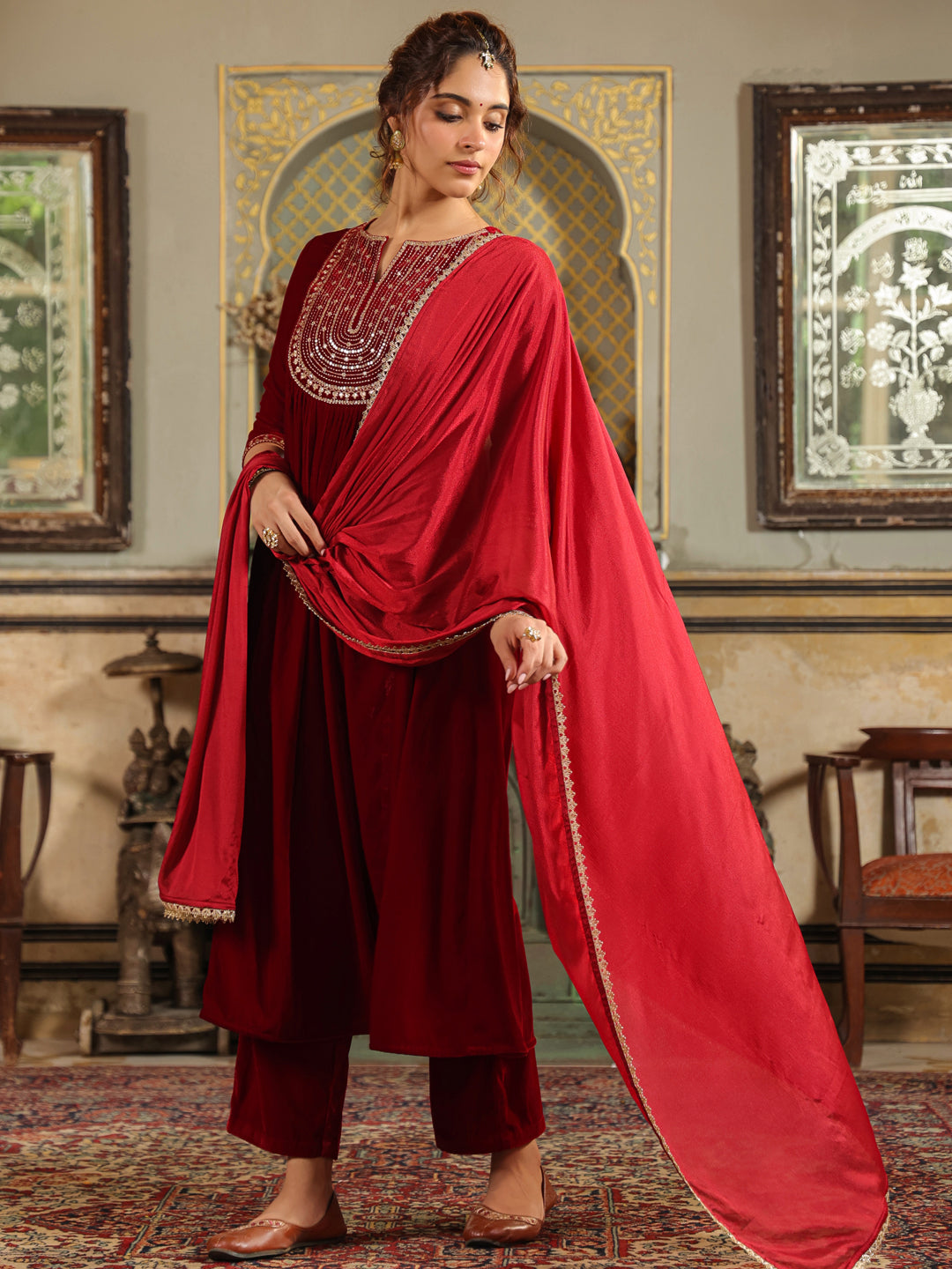 Janasya Maroon Velvet Embroidered Kurta,Bottom & Dupatta 