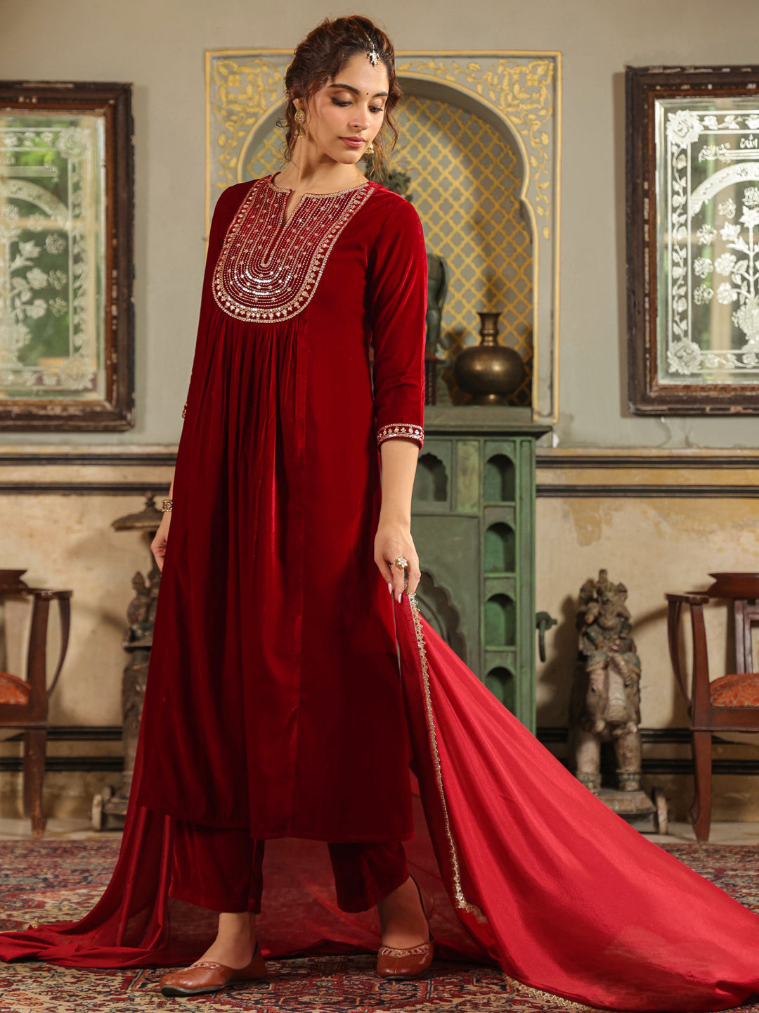 Janasya Maroon Velvet Embroidered Kurta,Bottom & Dupatta 