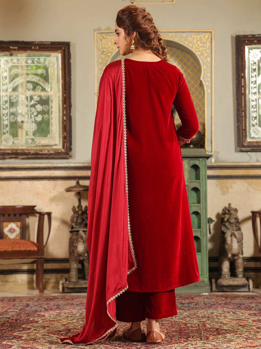 Janasya Maroon Velvet Embroidered Kurta,Bottom & Dupatta 