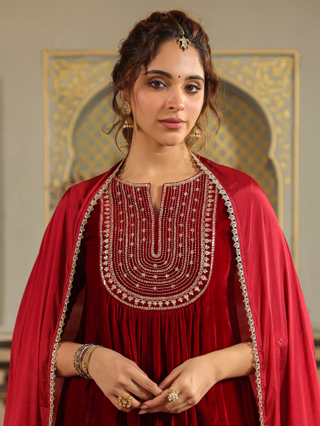 Janasya Maroon Velvet Embroidered Kurta,Bottom & Dupatta 