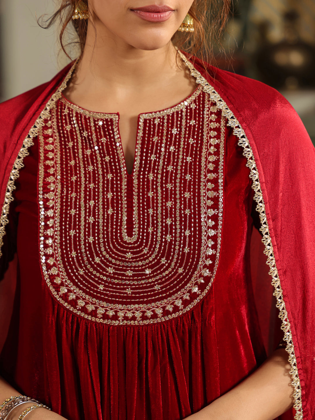 Janasya Maroon Velvet Embroidered Kurta,Bottom & Dupatta 