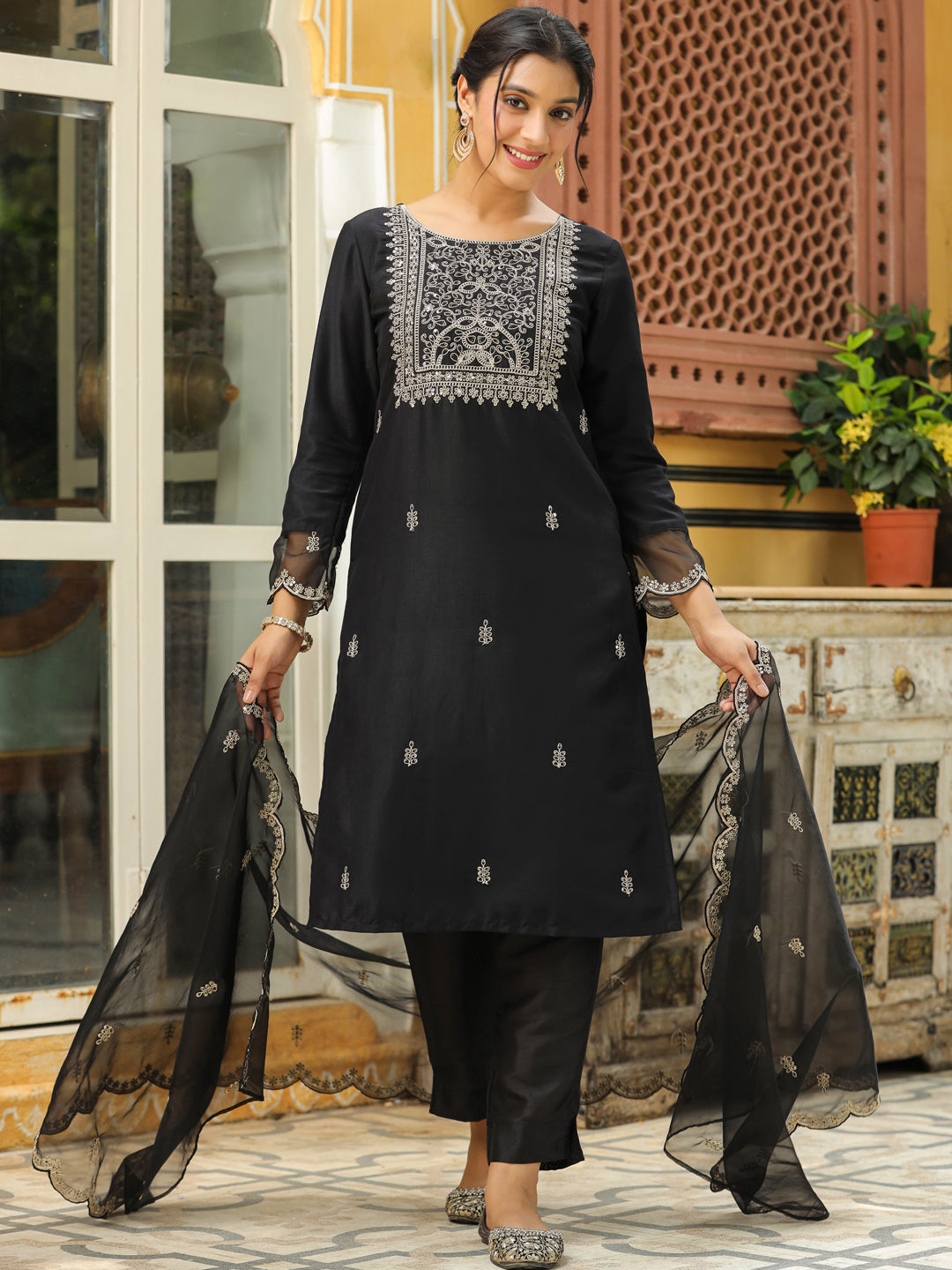 Janasya Black Premium Chinnon Embroidered Kurta,Bottom & Dupatta 