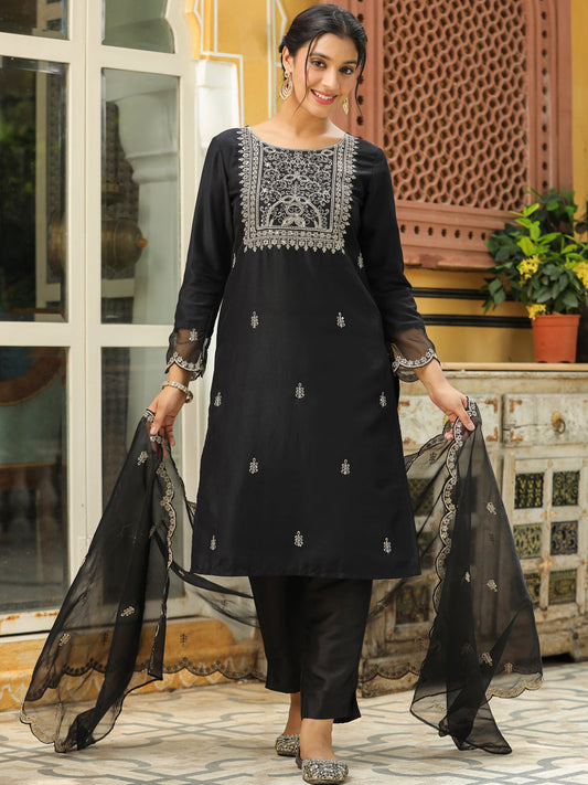 Janasya Black Premium Chinnon Embroidered Kurta,Bottom & Dupatta 