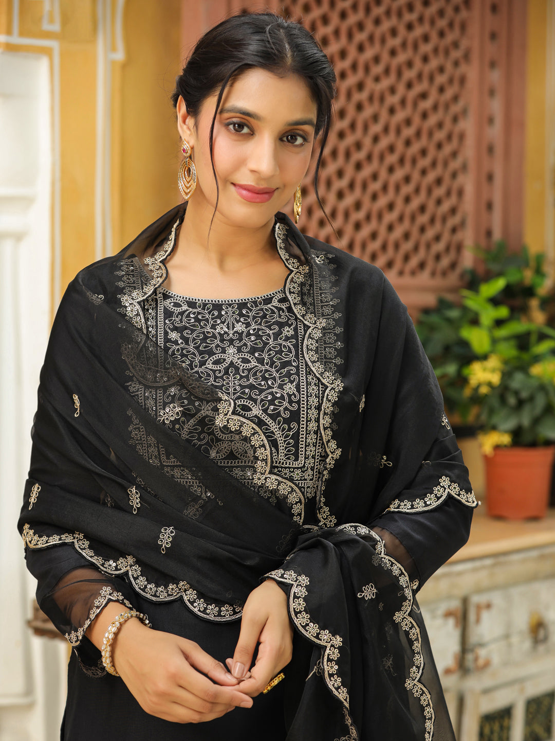 Janasya Black Premium Chinnon Embroidered Kurta,Bottom & Dupatta 