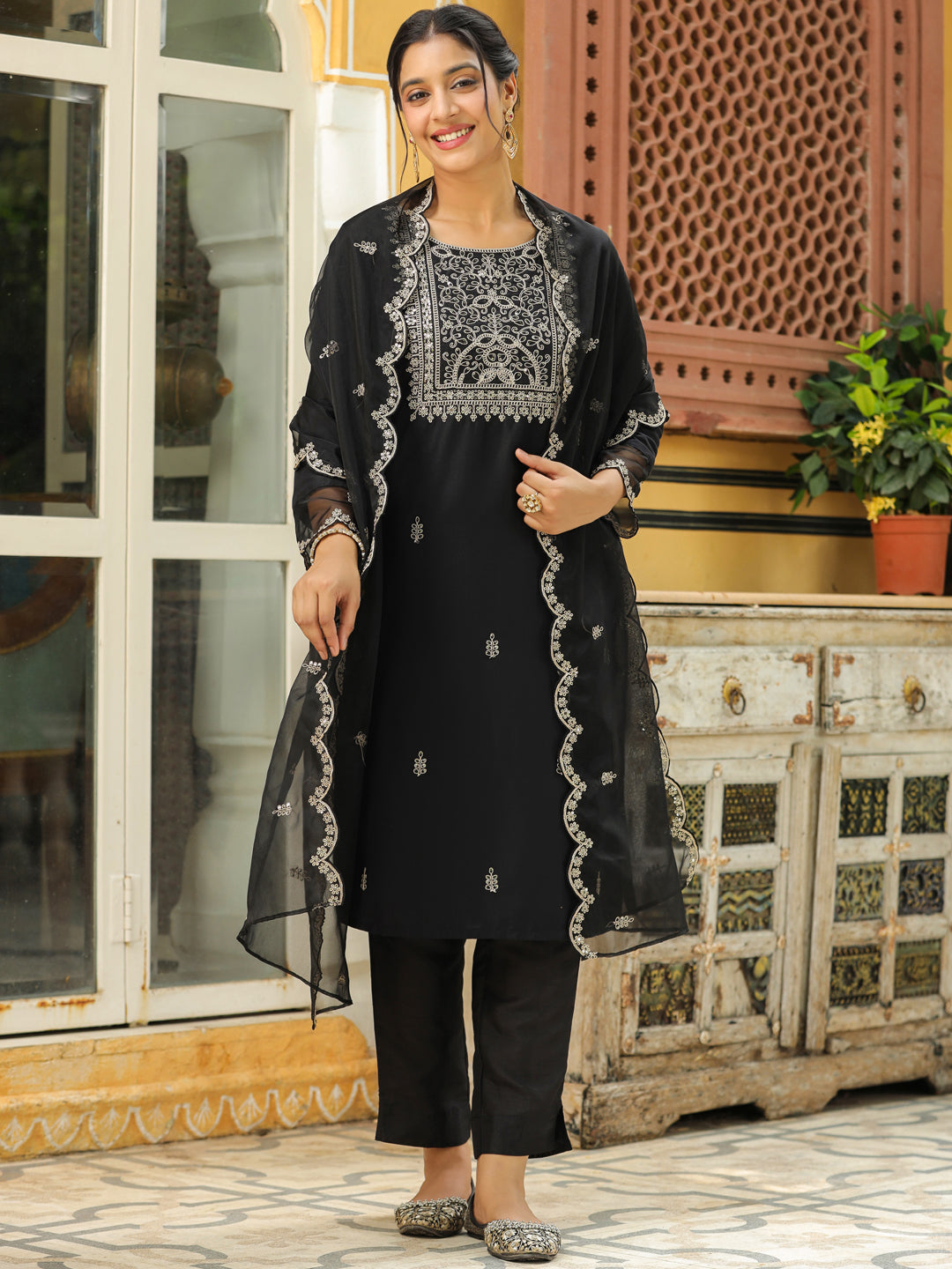 Janasya Black Premium Chinnon Embroidered Kurta,Bottom & Dupatta 