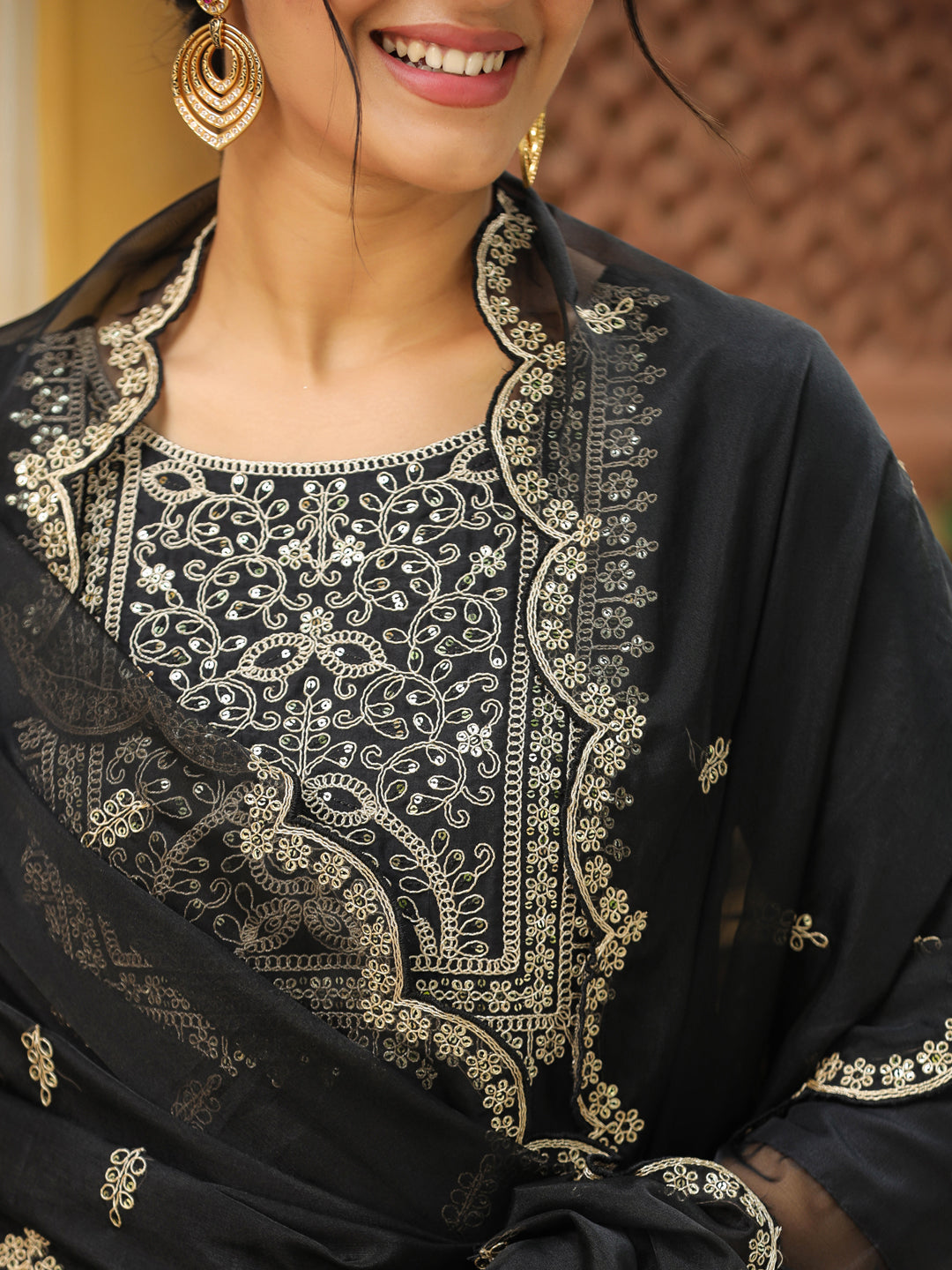 Janasya Black Premium Chinnon Embroidered Kurta,Bottom & Dupatta 