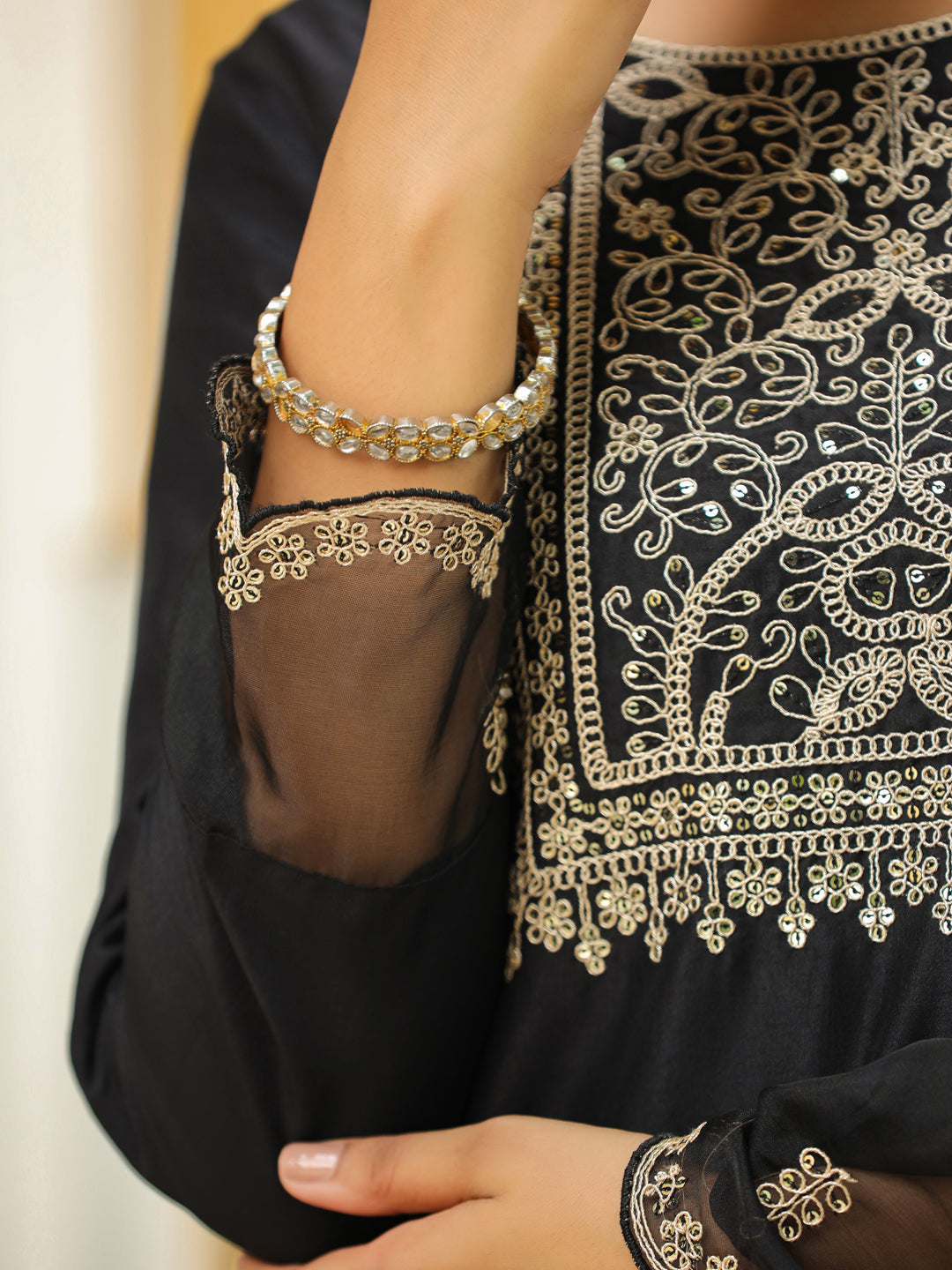 Janasya Black Premium Chinnon Embroidered Kurta,Bottom & Dupatta 