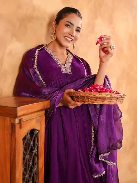 Janasya Purple Velvet Embroidered Kurta,Bottom & Dupatta 