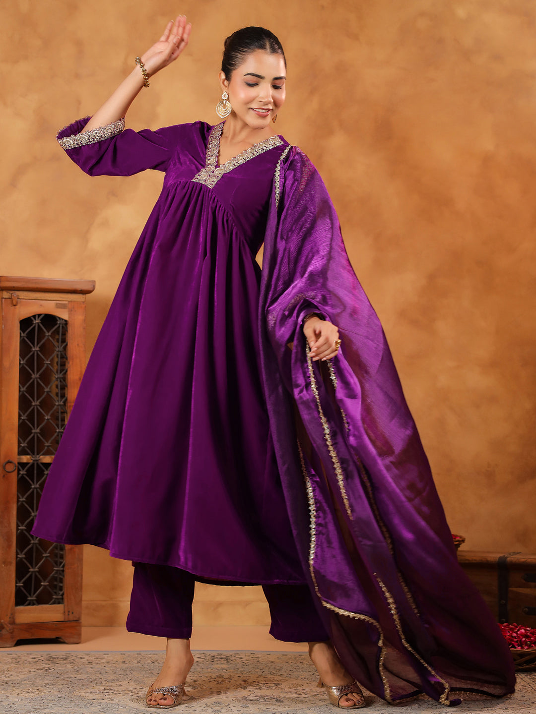 Janasya Purple Velvet Embroidered Kurta,Bottom & Dupatta 