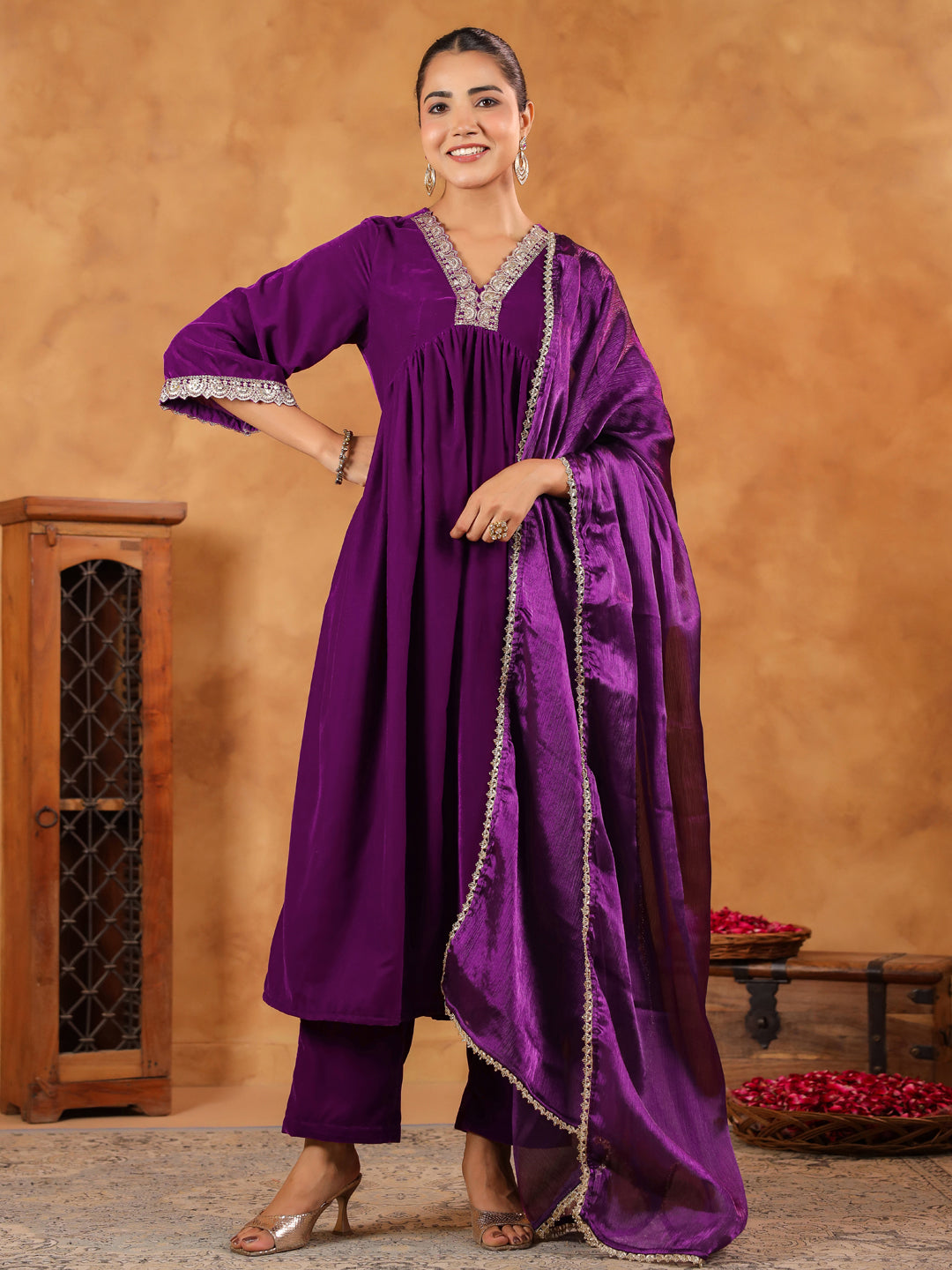 Janasya Purple Velvet Embroidered Kurta,Bottom & Dupatta 