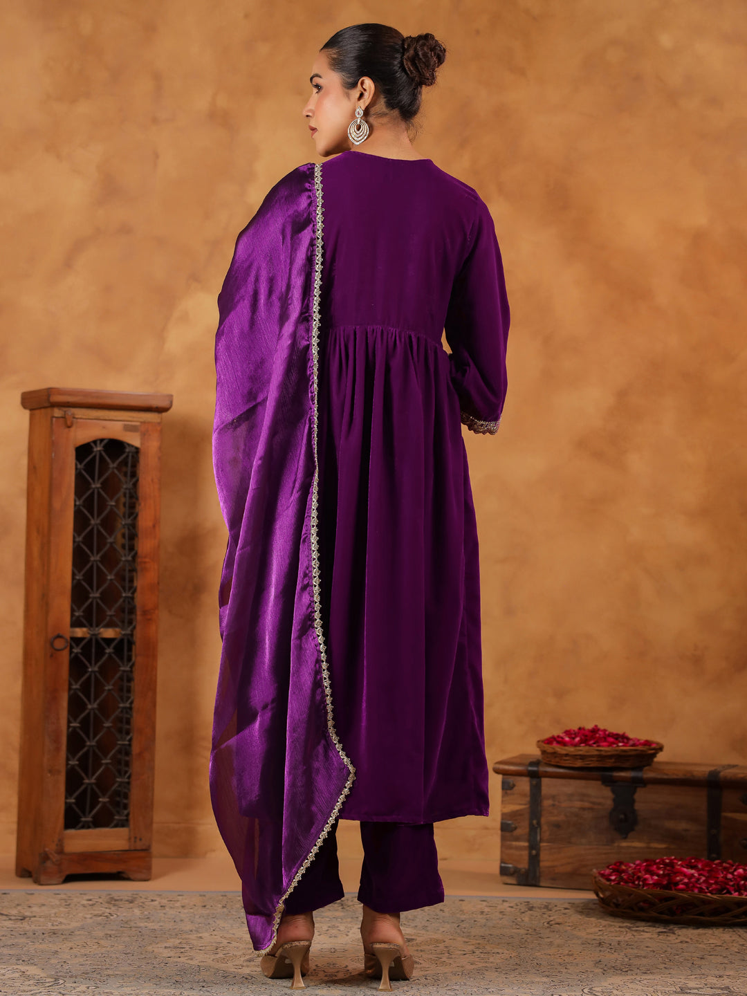 Janasya Purple Velvet Embroidered Kurta,Bottom & Dupatta 