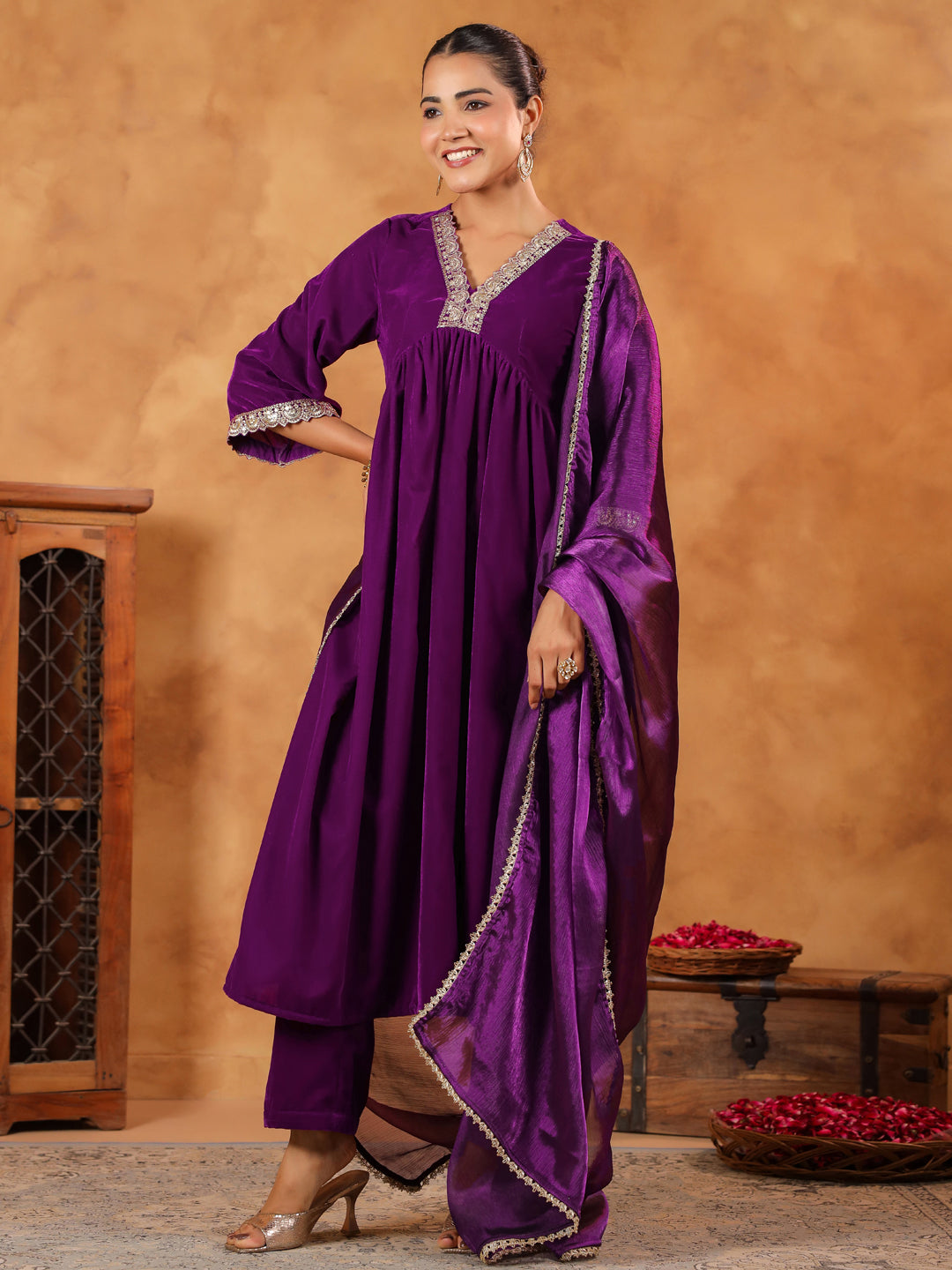 Janasya Purple Velvet Embroidered Kurta,Bottom & Dupatta 