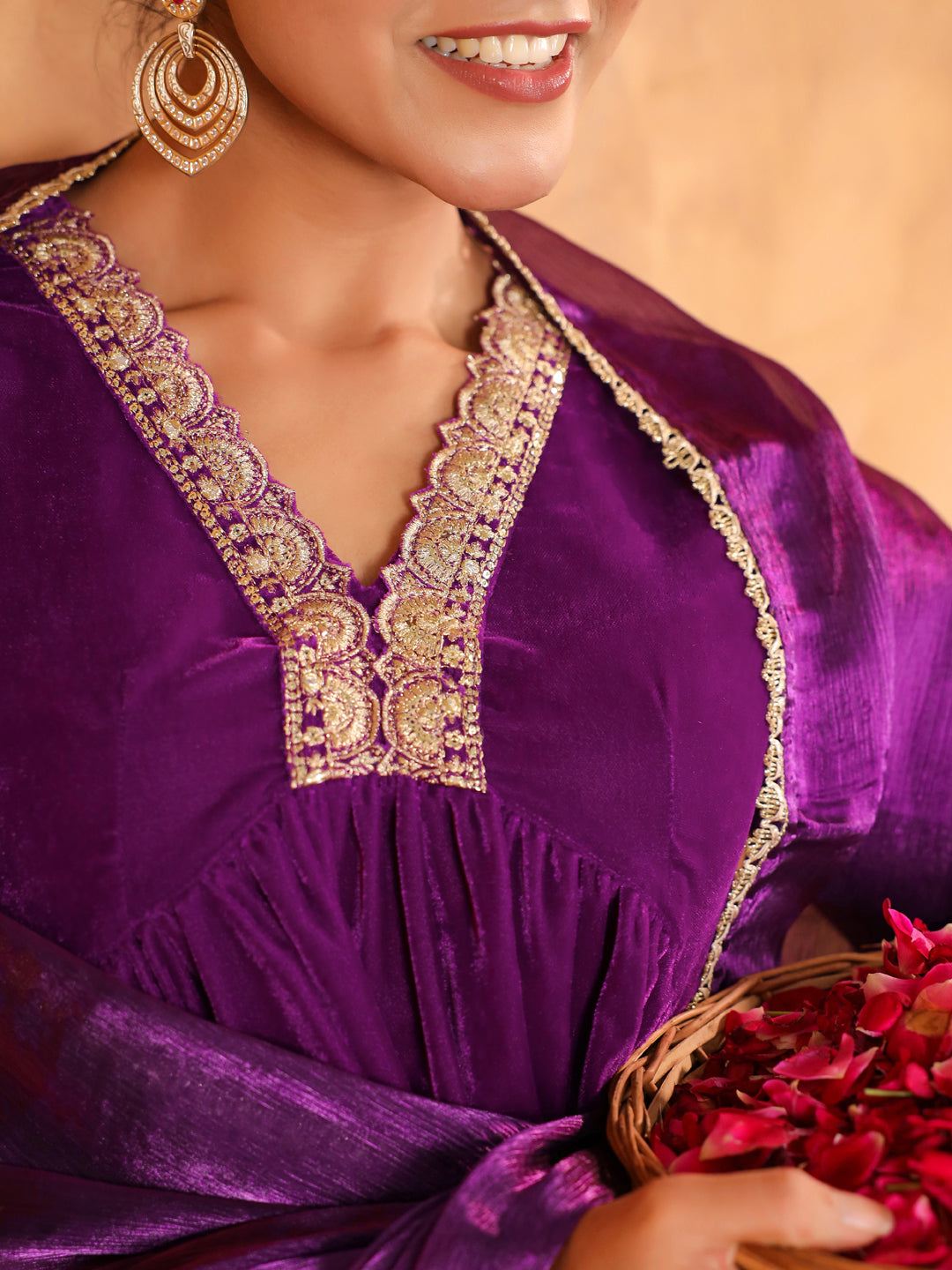 Janasya Purple Velvet Embroidered Kurta,Bottom & Dupatta 