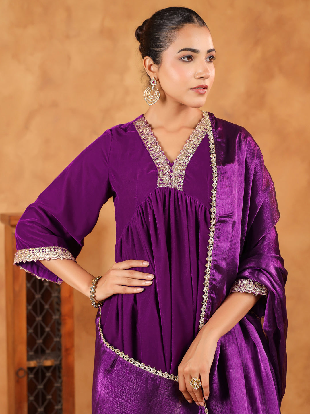 Janasya Purple Velvet Embroidered Kurta,Bottom & Dupatta 
