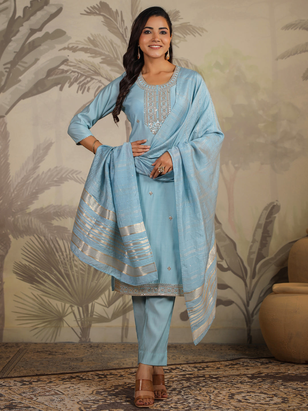 Janasya Light Chanderi Embroidered Straight Kurta Set 
